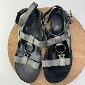 Coach Womens Black & Metallic Leather Flat‎ Sandals Adjustable Straps Size 10